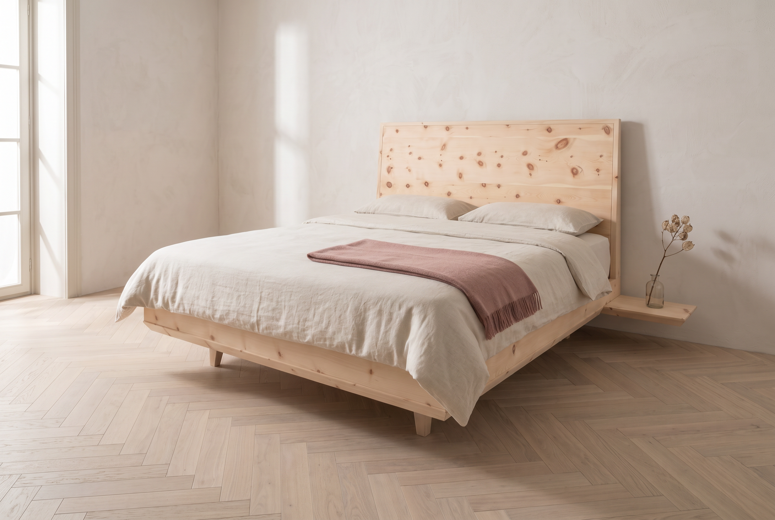 Bettrahmen Hochfirst aus Zirbe mit hohem Holzkopfteil und seitlicher Ablage im Schlafzimmer – Schlafmanufaktur