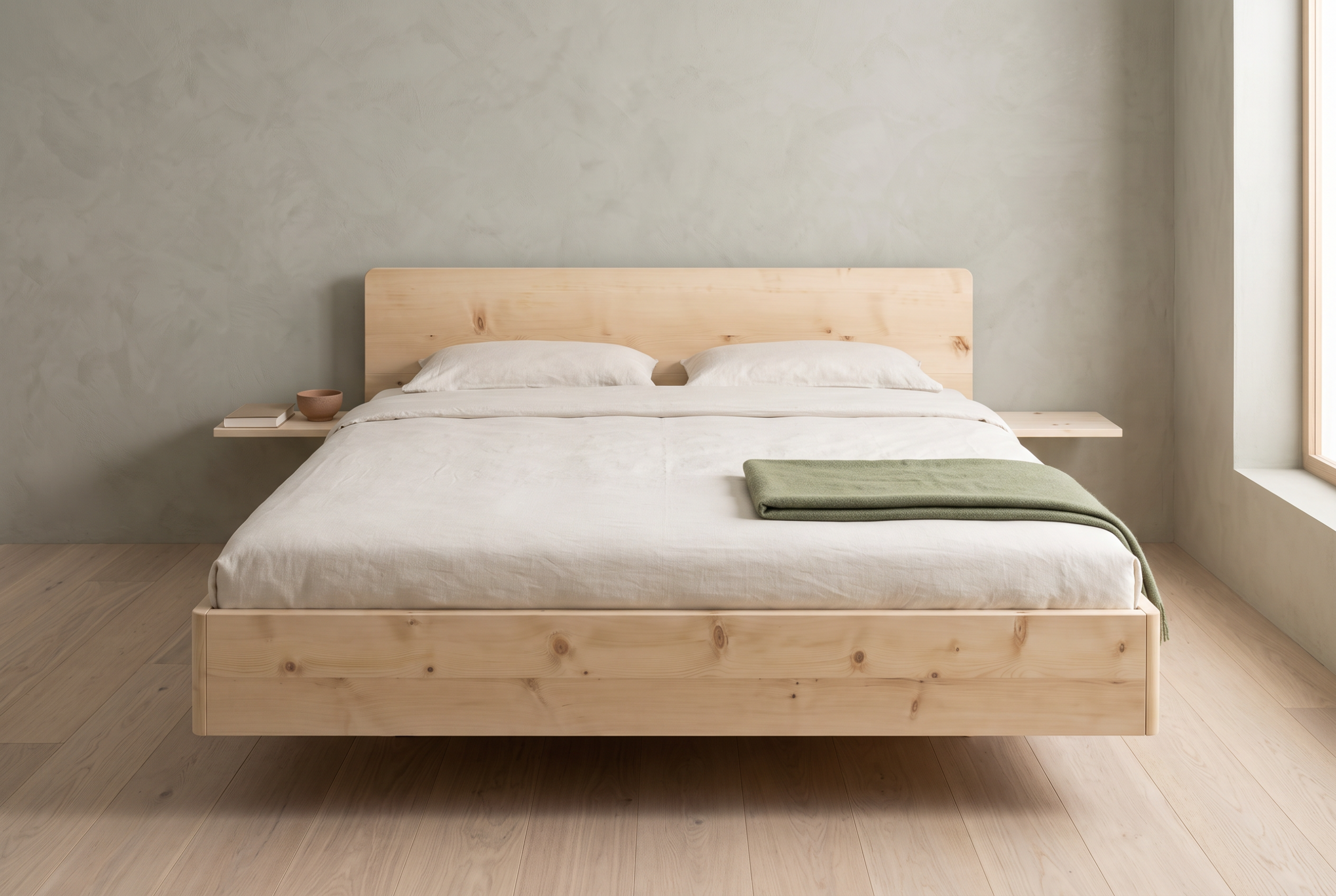 Schwebender Bettrahmen Nockspitz aus Zirbe mit seitlichen Ablagen im Schlafzimmer – Schlafmanufaktur