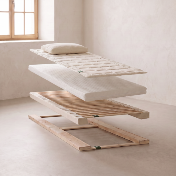 Schlafsystem PINURA Premium Zirbe im Aufbau: Auflage, Naturmatratze, Zirben-Lattenrost und Holzrahmen schwebend übereinander, mit 2-Kammern-Kissen – Schlafmanufaktur