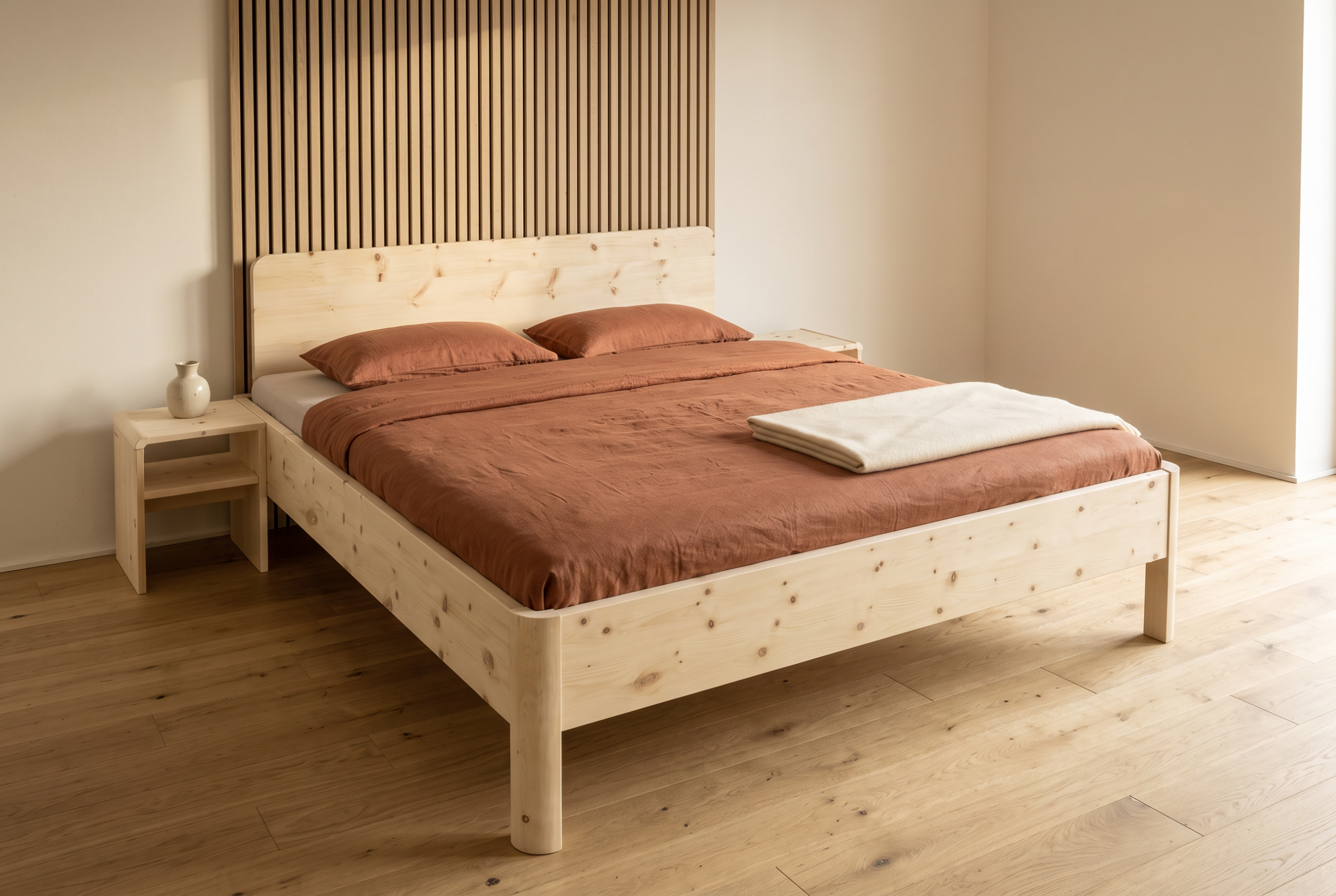 Bettrahmen Sonnblick aus Zirbe mit Eckfüßen und Nachtkästchen im Schlafzimmer – Schlafmanufaktur