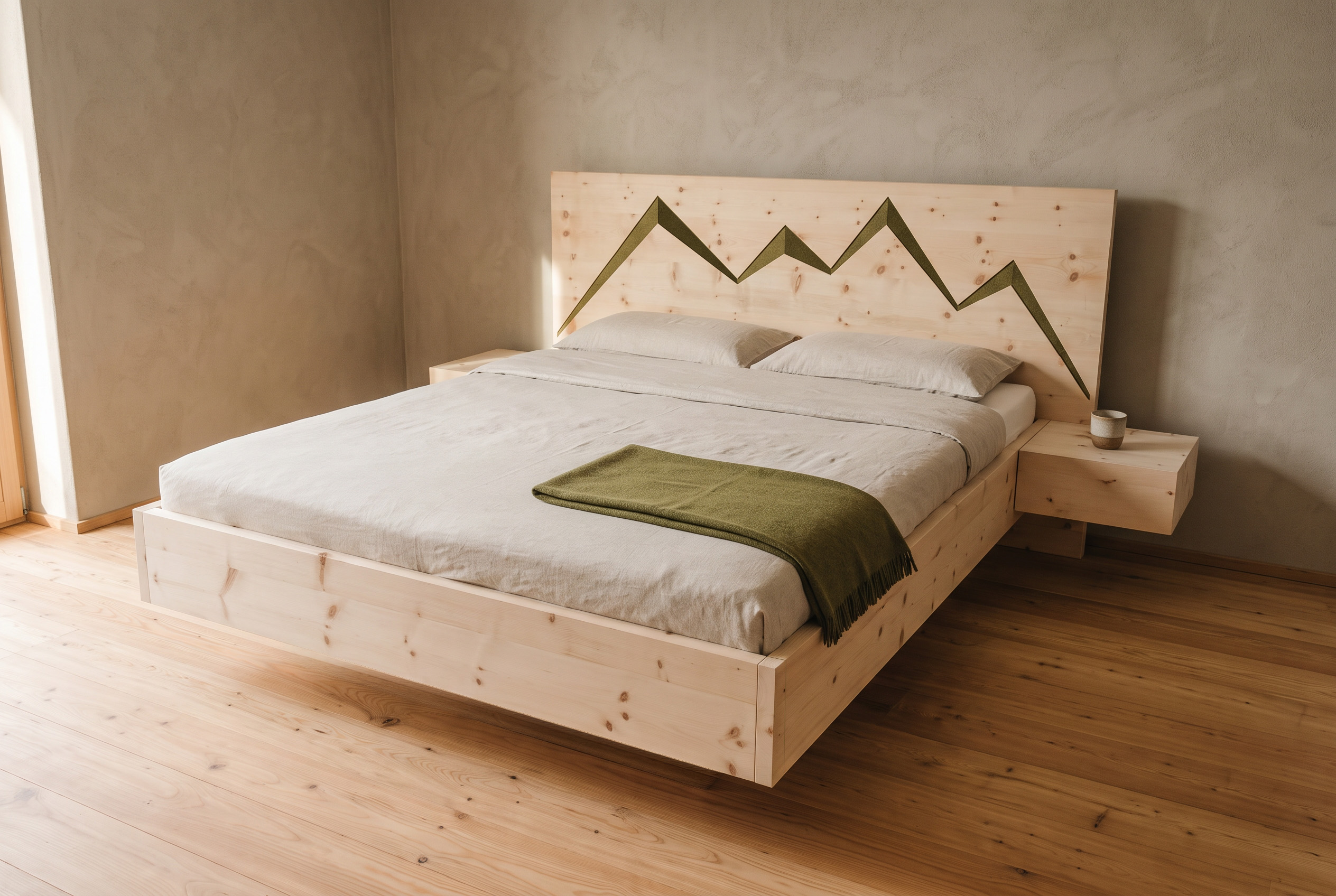 Schwebender Bettrahmen Wildspitze aus Zirbe mit Wollfilz-Bergkette im Kopfteil, Leinenbettwäsche und grünem Wollplaid im Schlafzimmer – Schlafmanufaktur